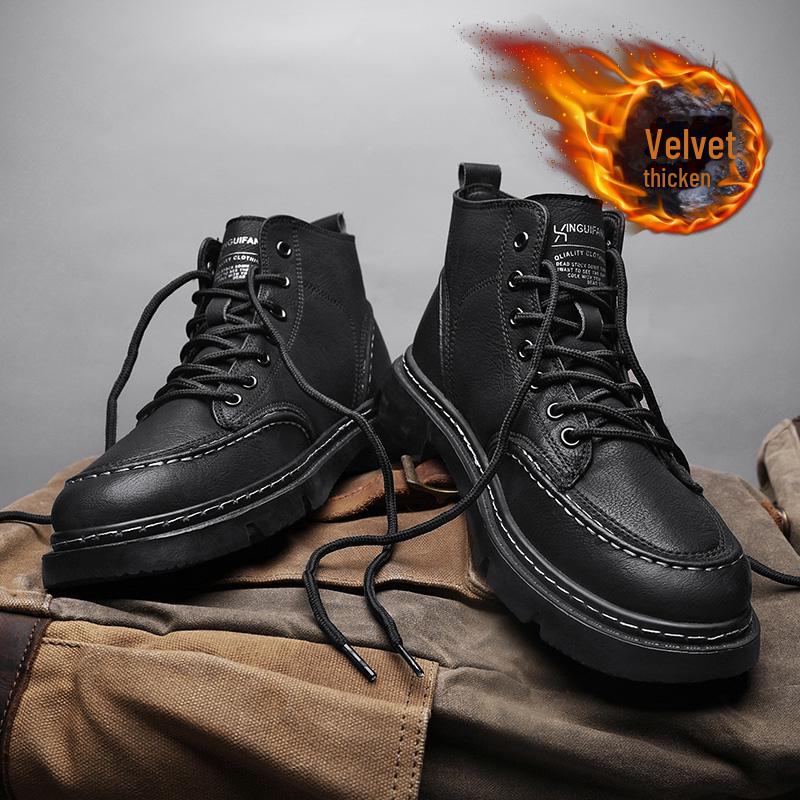 Men's 2024 Anti-Slip Soft Sole British Style Leather High-Top Boots, Work Boots, Martin Boots, Plus Velvet for Autumn and Winter.