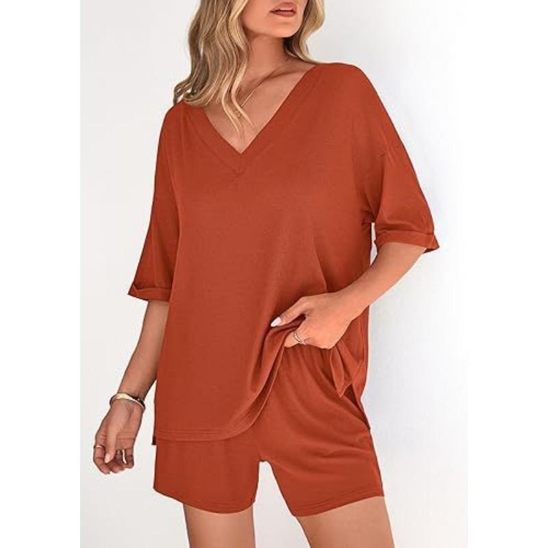 Women S V Neck Short Sleeve Top And Shorts Casual Set