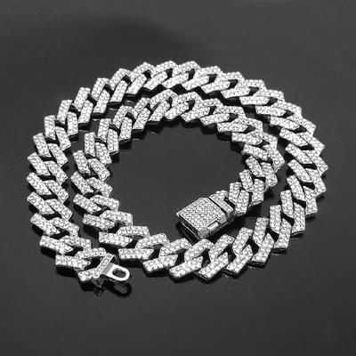 Hip Hop Iced Out Chain Paved Rhinestones Necklace  Silver Color Full Miami Curb Cuban Chain Rapper Necklaces for Men Jewelry