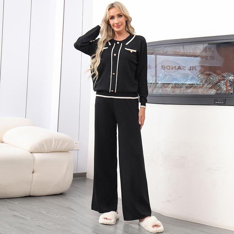 Autumn and Winter Collar Single-breasted Loose Casual Wide-leg Pants Knitted Two-piece Set for Women