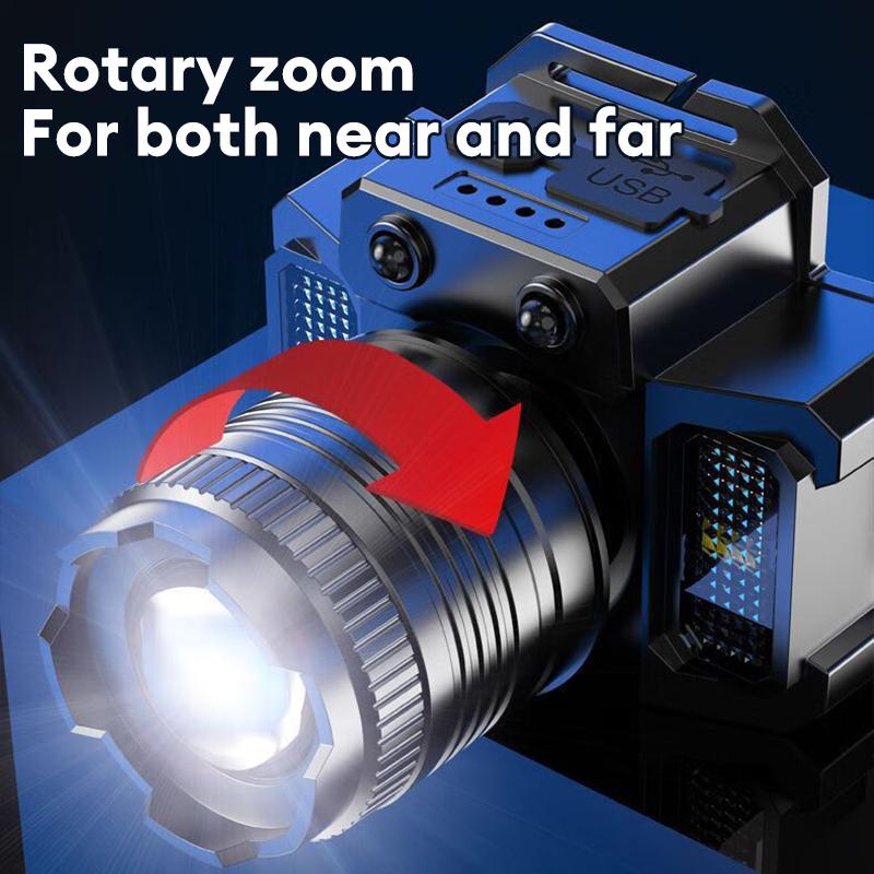 Zoomable Headlamp Rechargeable LED Head Light with 5 Modes Adjustable Flood To Spot Beam for Hands-Free Lighting in Outdoor Work Emergency