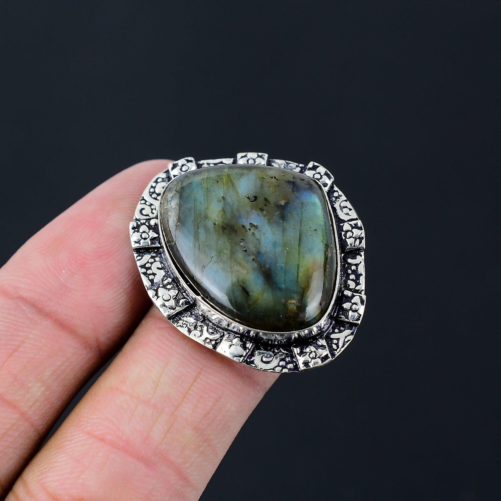 Natural Labradorite Gemstone Statement Ring Size 7.5 925 Silver For Girls 7.5
