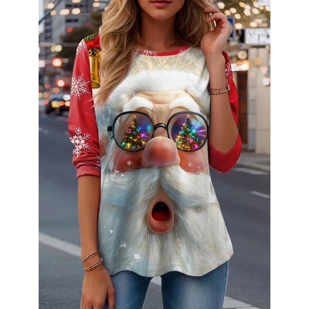 Spring and Autumn Round Neck Santa Claus Pattern 3D Printed Top Fashionable Casual Long Sleeved Women's T-shirts