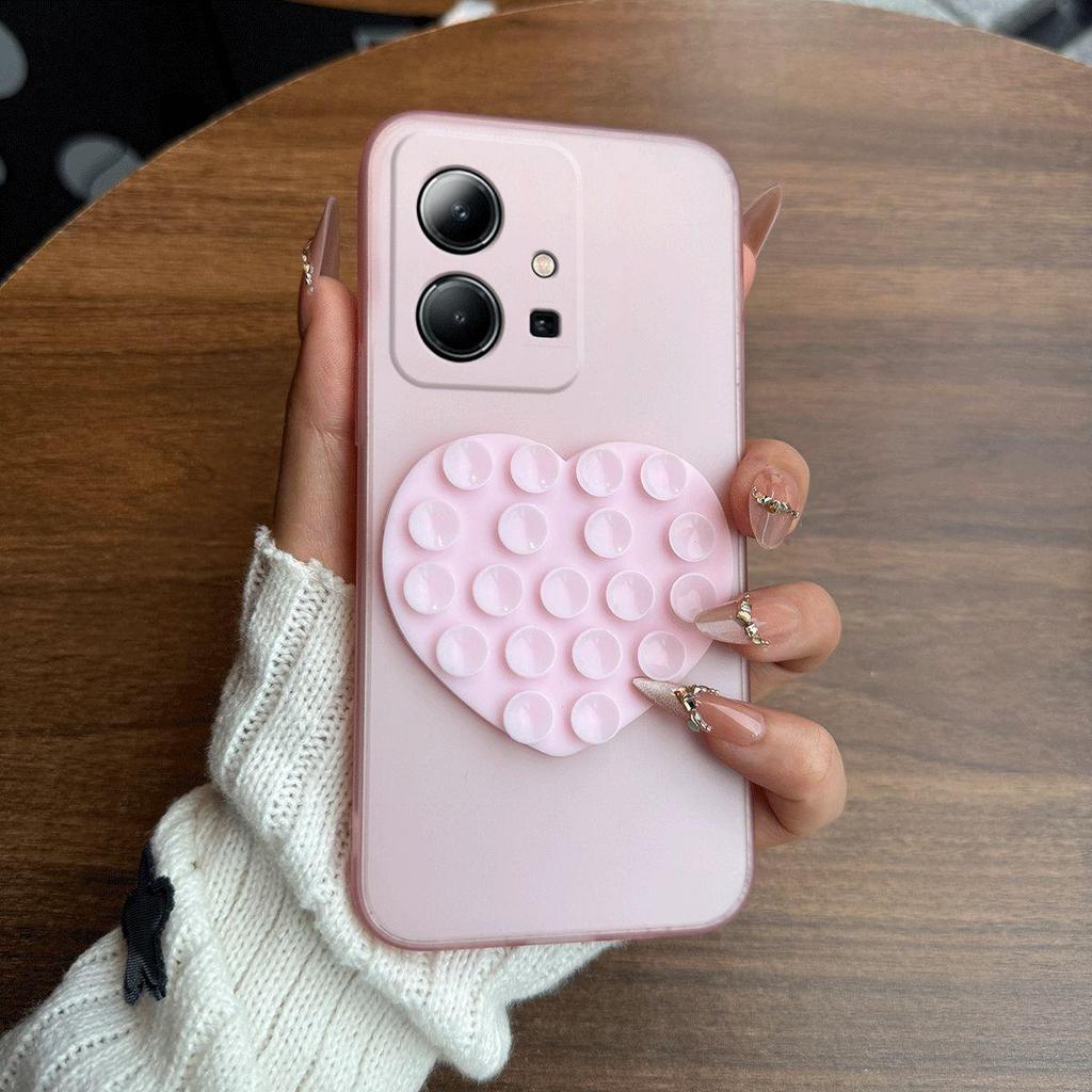 Heart Shape Suction Cup Phone Case for Vivo Y75 5G,Y55 5G,Y30 5G Semi Transparent Matte Shockproof Soft TPU Cover