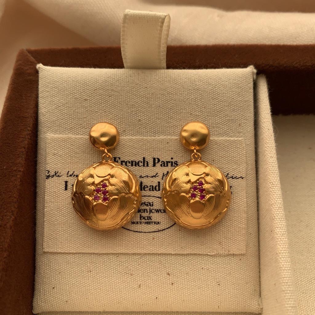 Unique Niche French Retro Cold Wind High-End Ear Buckle Brass 22K Real Gold Simple Circle Temperament Earrings