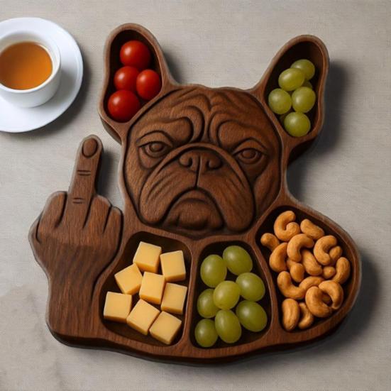 Zásobník na svačinu Bulldog se středním prstem 5 přihrádek Dřevěný servírovací podnos Zásobník na sýr, předkrmy a jídlo Prkénko na charcuterie Dárek pro milovníka psů