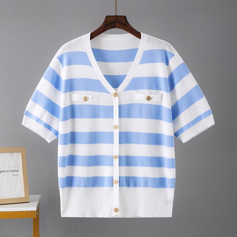 

Летняя женская футболка больших размеров, дышащая рубашка из ледяного шелка, трикотажная рубашка в полоску, тонкая блузка с v-образным вырезом и короткими рукавами 4XL синий