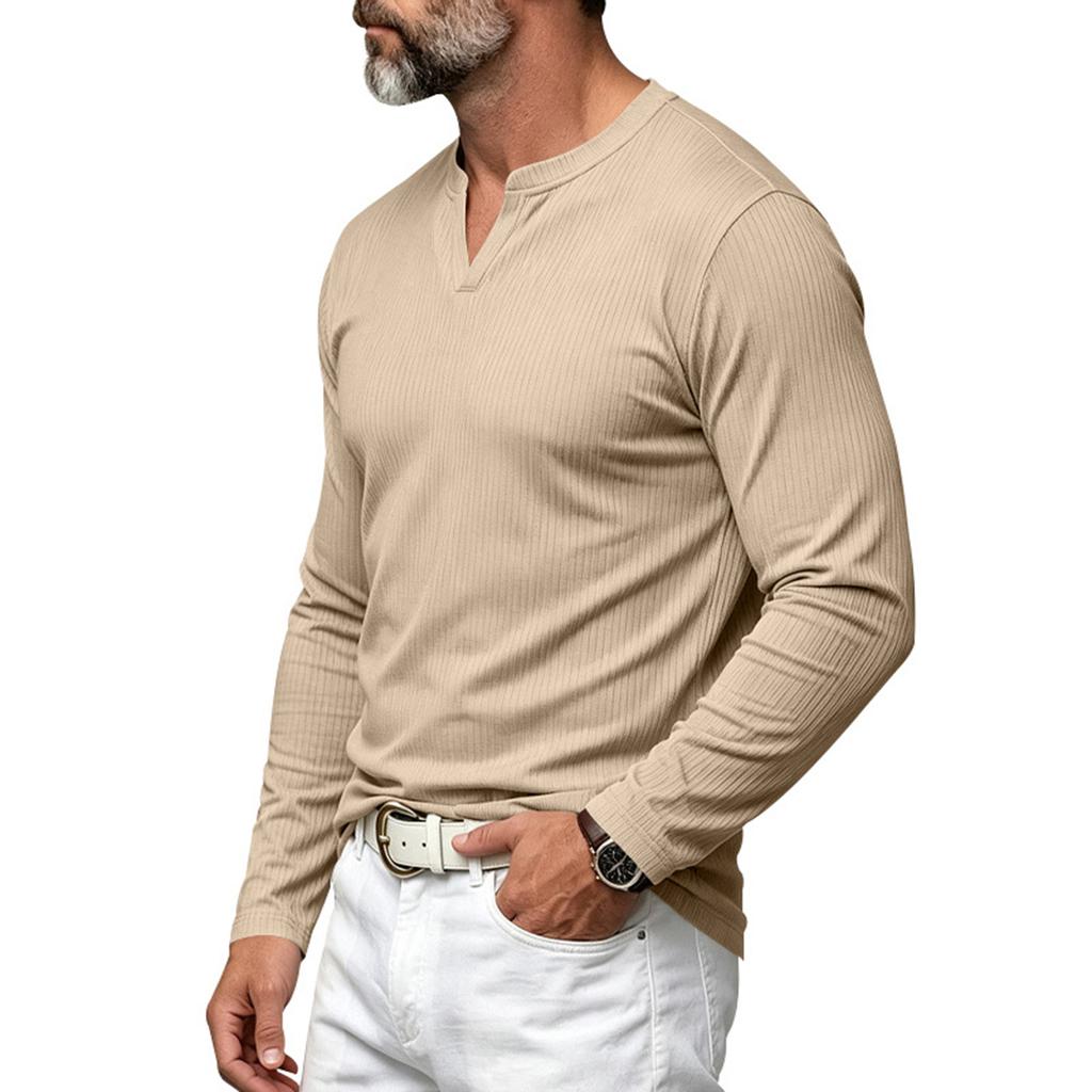 Men's Long Sleeve V-Neck T-Shirt with Pattern, Loose Fit Casual Knit Top