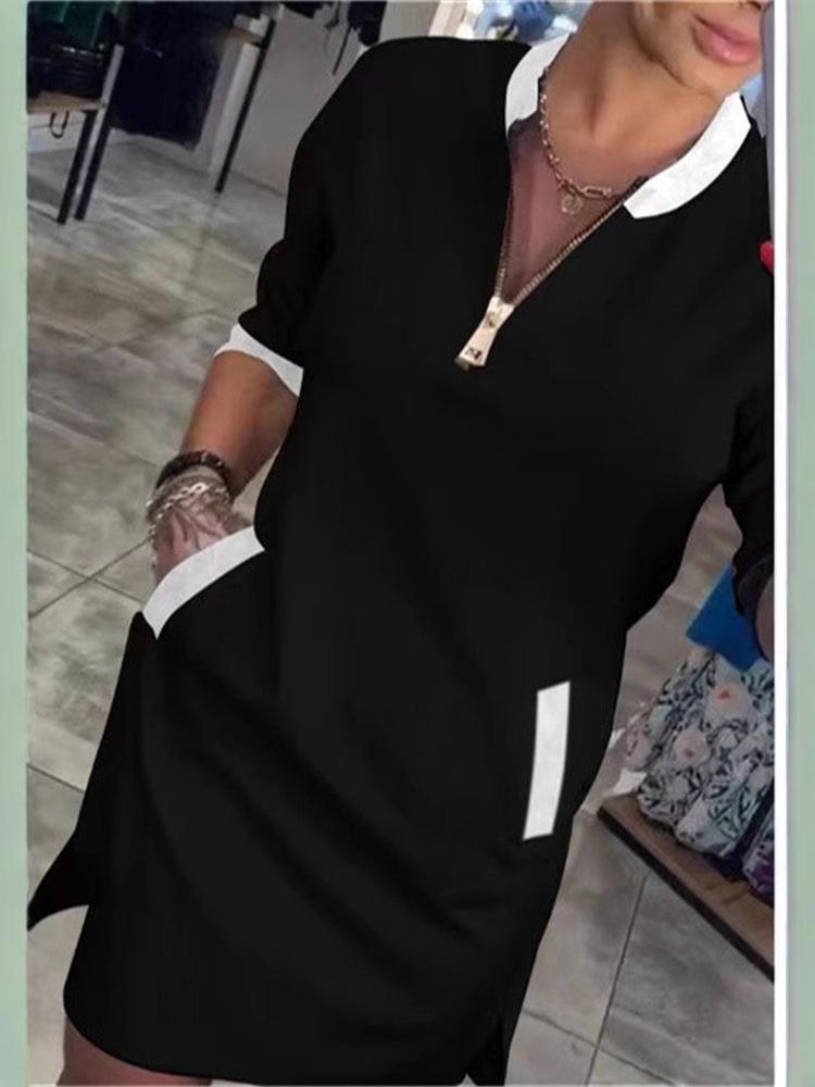 2024 V-Neck Zipper Seven-Sleeve Casual Dress