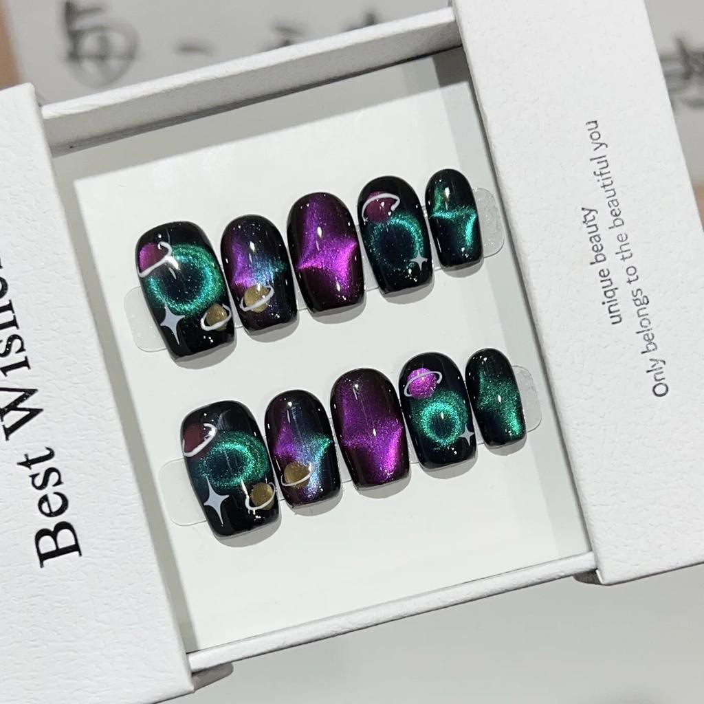 10Pcs Black Handmade Cat Eye Short Round Press On Nails Full Cover Artificial Fake Nail Tips For Wearable Manicure