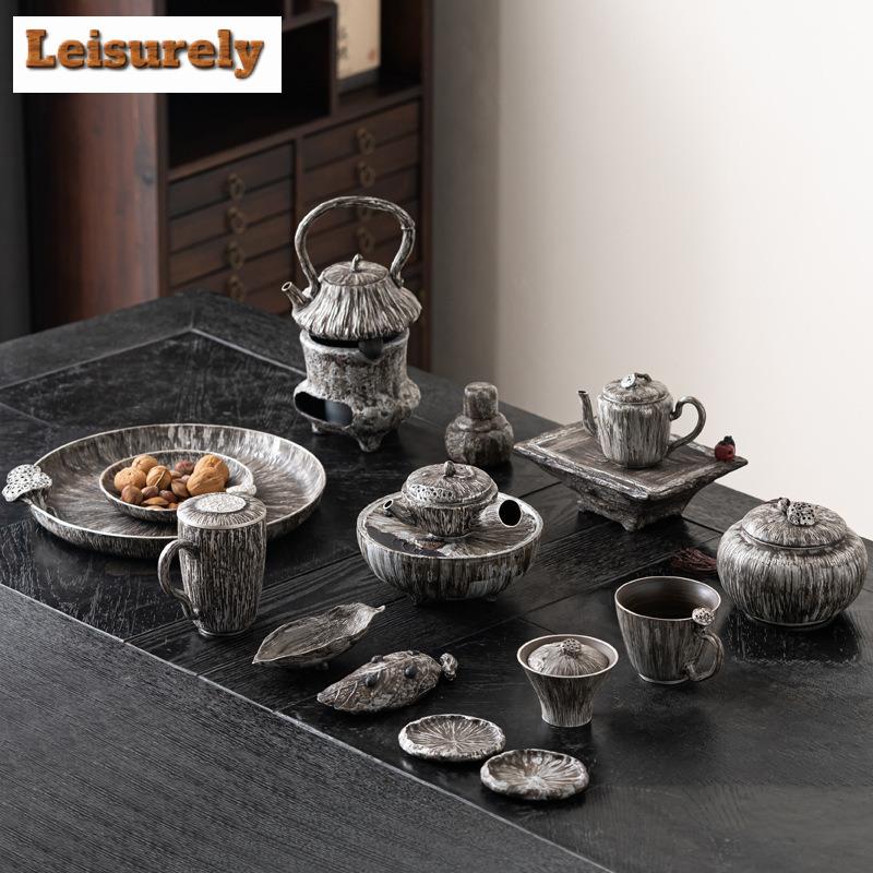 Handmade Gray Stoneware Tea Making Set Japanese Tea Stove Teapot Heating Base Household Teapot Warmer Kettle Stand Tea Ceremony