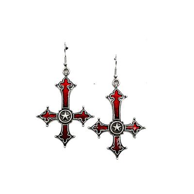 Europe And The United States Dark Gothic Inverted Cross No Light Black Antique Silver Red Pentagram Earrings