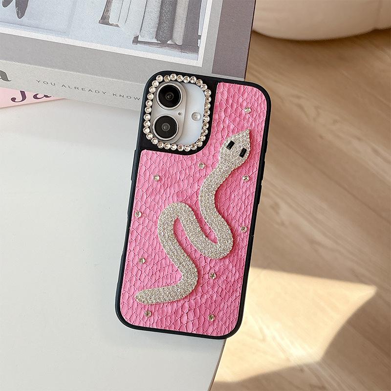 Silver Snake Rhinestone Mobile Phone Case Is Suitable For Apple 17Promax Solid Color Leather Iphone16 Light Luxury Fashion 15Plus