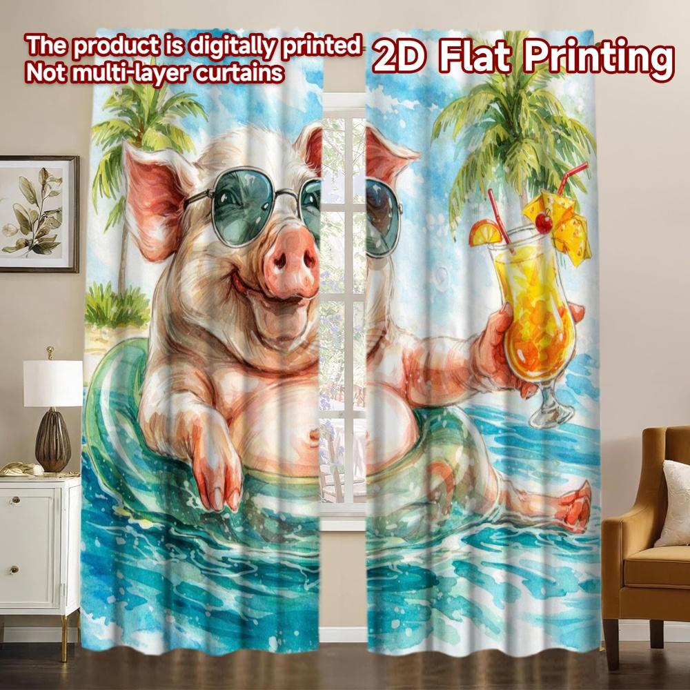 2D FLAT PRINTING 2pcs Curtains (Without Rod) Tropical Pig Beach Party Minimalist Chic Curtains Versatile 100% Polyester Curtains 60×150cm