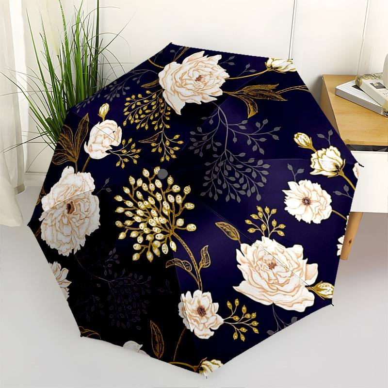

Floral Pattern, Navy Blue Background Themed Automatic Opening and Closing Umbrella, Brightly Colored 8-rib Portable Umbrella, Suitable for M