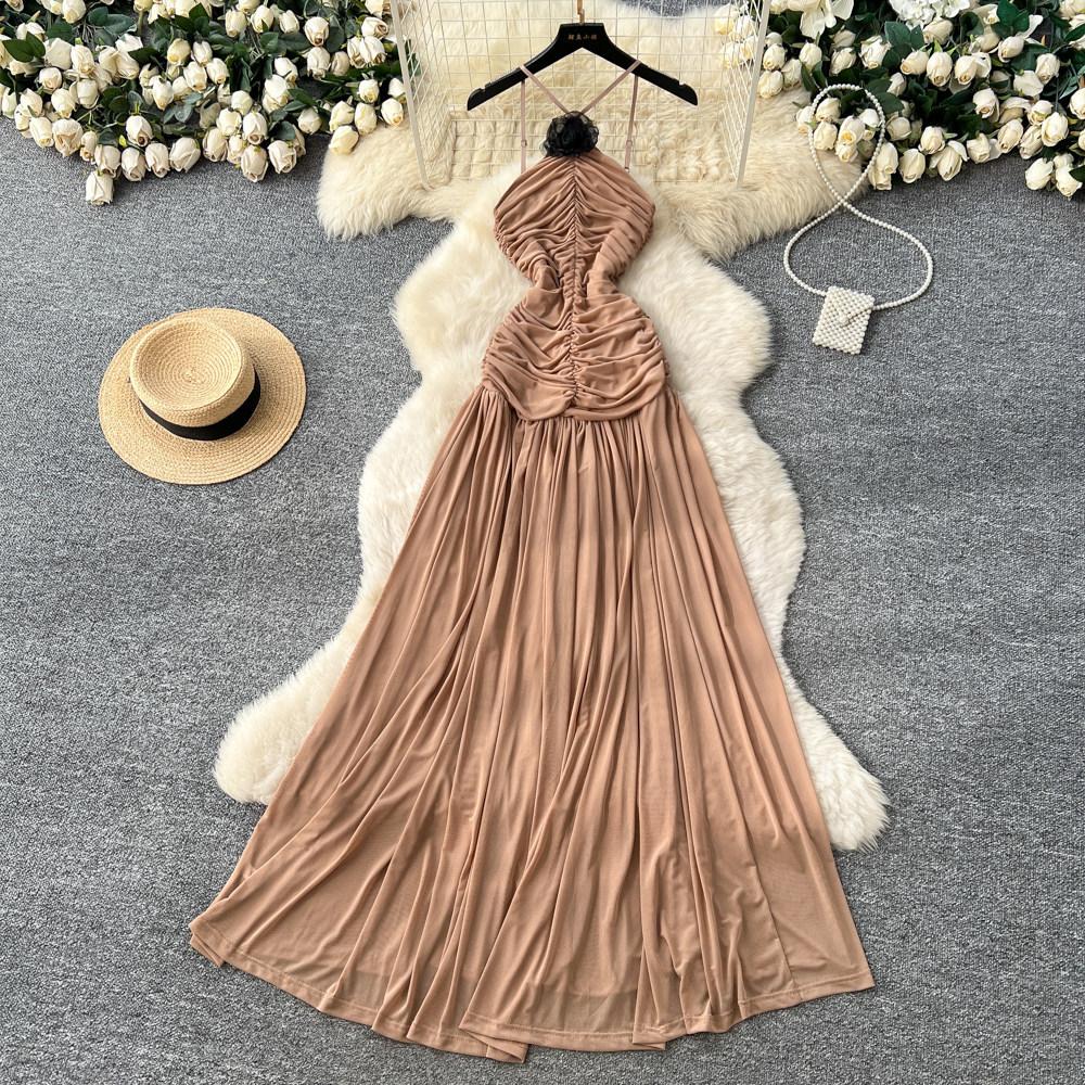 European and American fashion celebrity temperament neck dress women's clothing design irregular folds slim and thin beach dress