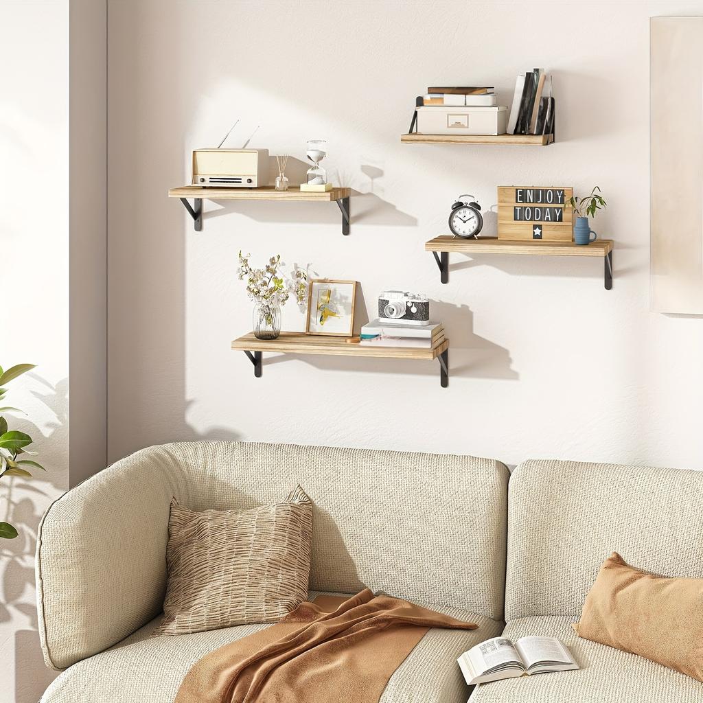 4 Pcs Carbonized Black Floating Shelves, Rustic Wood Shelves, Wall Mounted Shelf for Bathroom Decor, Bedroom, Living Room, Plants, kitchen,bathroom