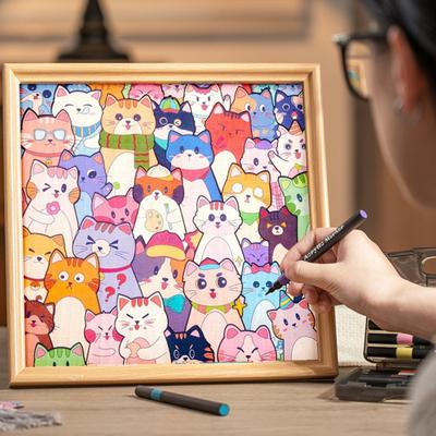 Wooden Cat Coloring Puzzle Kit with Marker Pens Glue DIY Hand-Painted 3D Irregular Cartoon