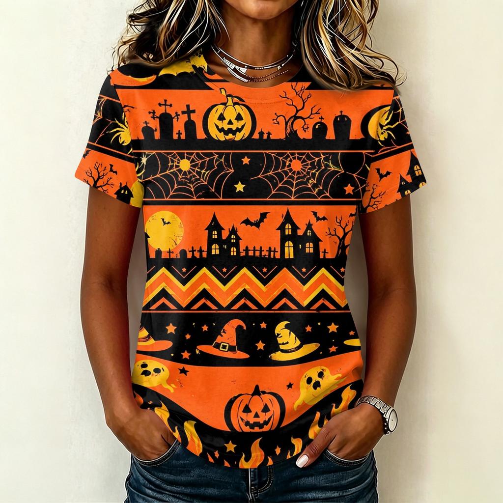 Womens Casual Pullover Short Sleeve T Shirt Halloween Graphic Print Top Lightweight Comfortable Fit