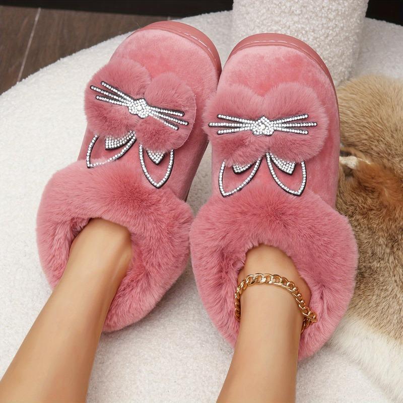 Fluffy Plush Lined Rhinestone Cartoon Decor Novelty Slippers, Cute Winter Warm Home Slip On Shoes