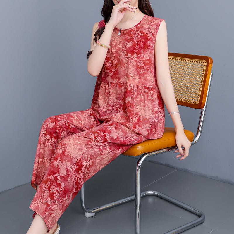 Plus Size Elegant 2 Piece Sets Women Summer Clothes Vintage Loose Print Pants Sets