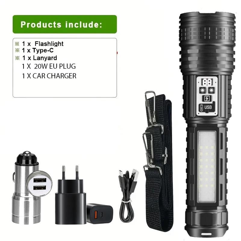 Super Big Flashlight USB Rechargeable Most Strong LED Flash Light Long Range Torch Zoom Outdoor With Digital Power Display