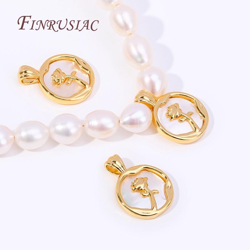 18K Real Gold Plated Rose Pendant Jewellery Making Supplies,Natural Shell Round Charms For DIY Necklace Making Crafts