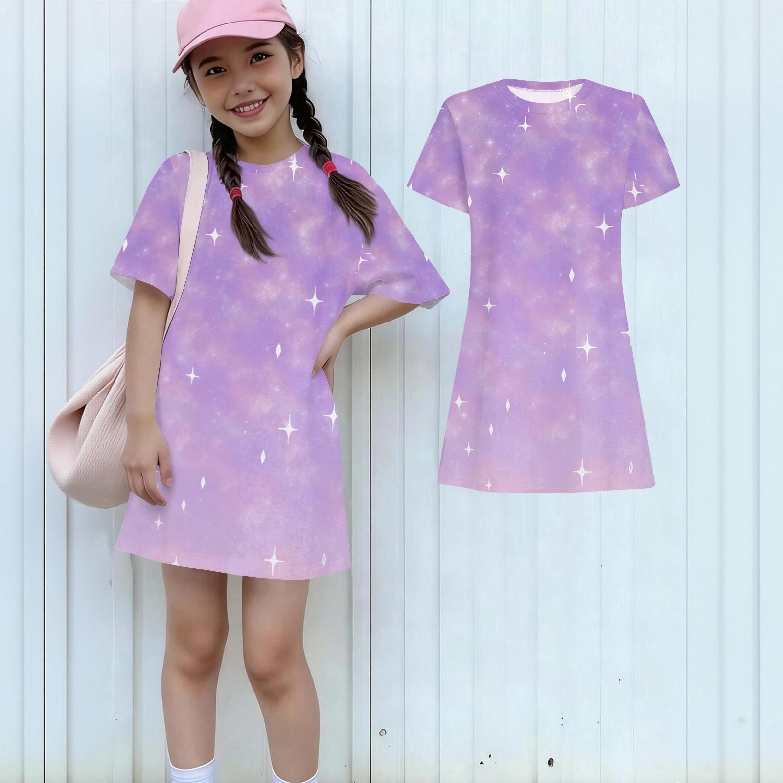 

Girls Loose Fit Short Sleeve Dress Lightweight Round Neck Dress with Printed Design Suitable for Casual Wear and Everyday Use 150