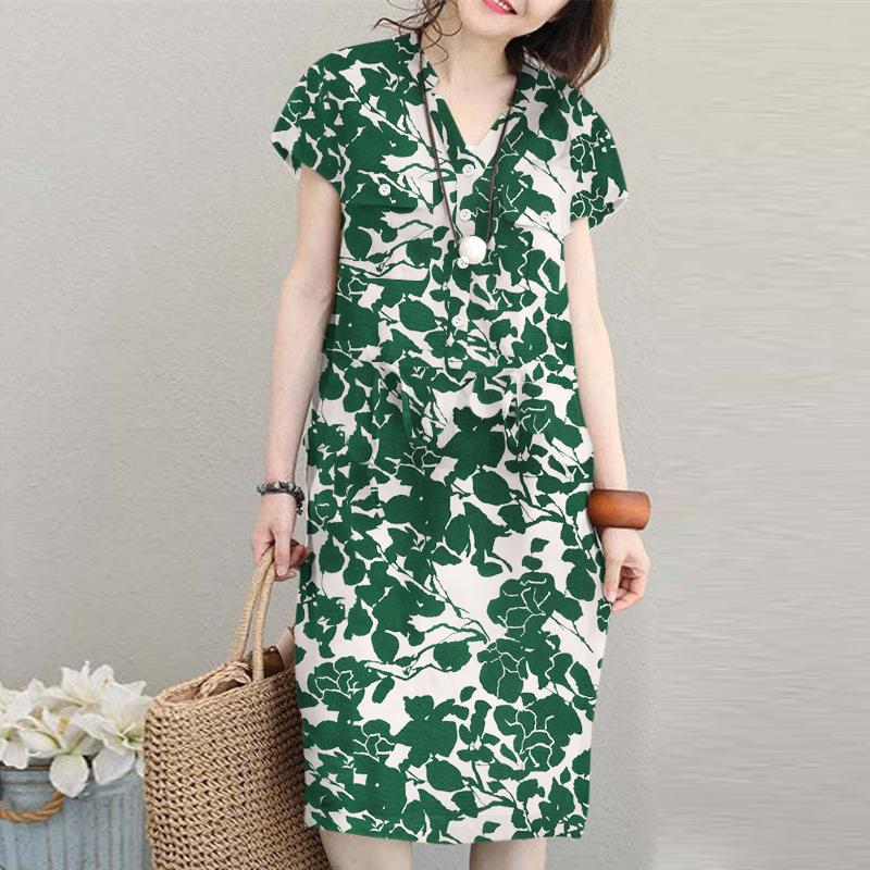 

ZANZEA Жіноча повсякденна сукня-сорочка з квітковим принтом і короткими рукавами S зелений