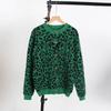 Women's Crew Neck Long Sleeve Leopard Print Knit Cardigan Loose Fit Casual Knitwear