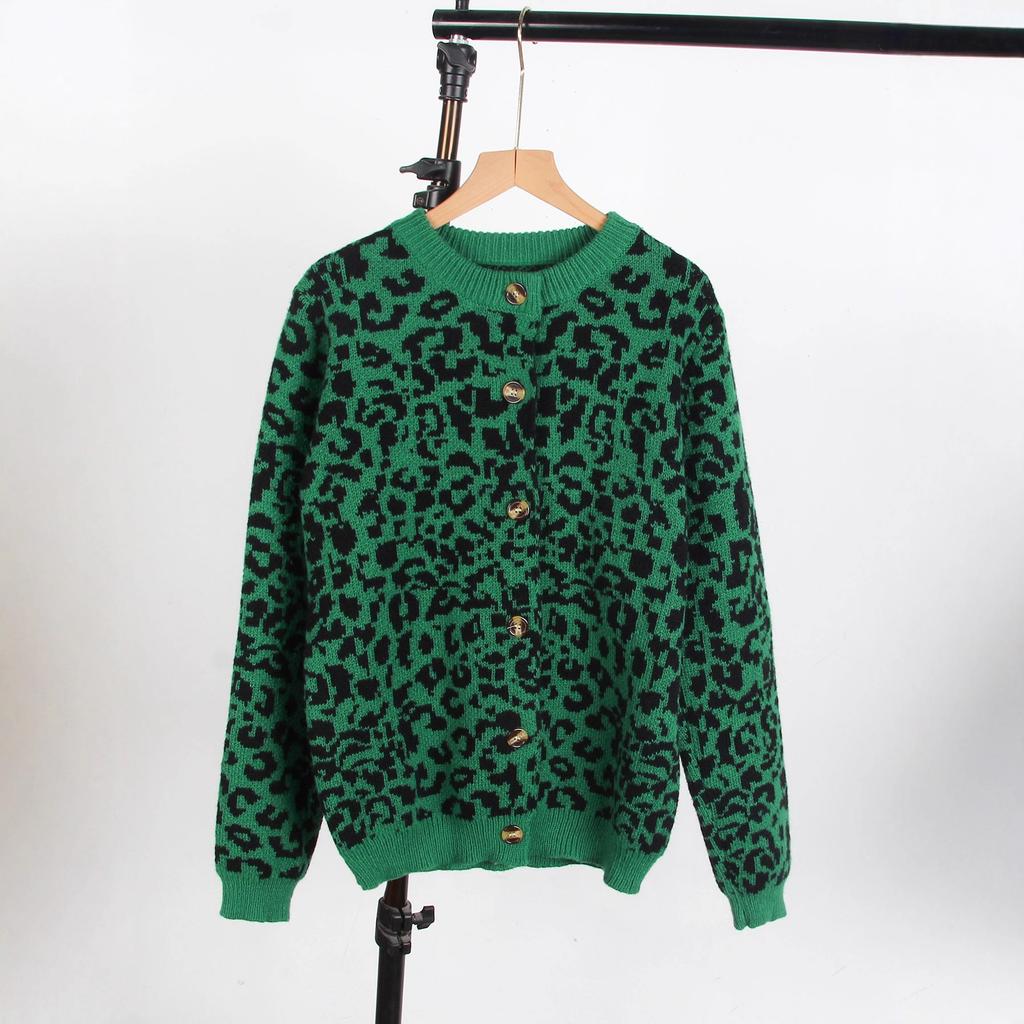Women's Crew Neck Long Sleeve Leopard Print Knit Cardigan Loose Fit Casual Knitwear