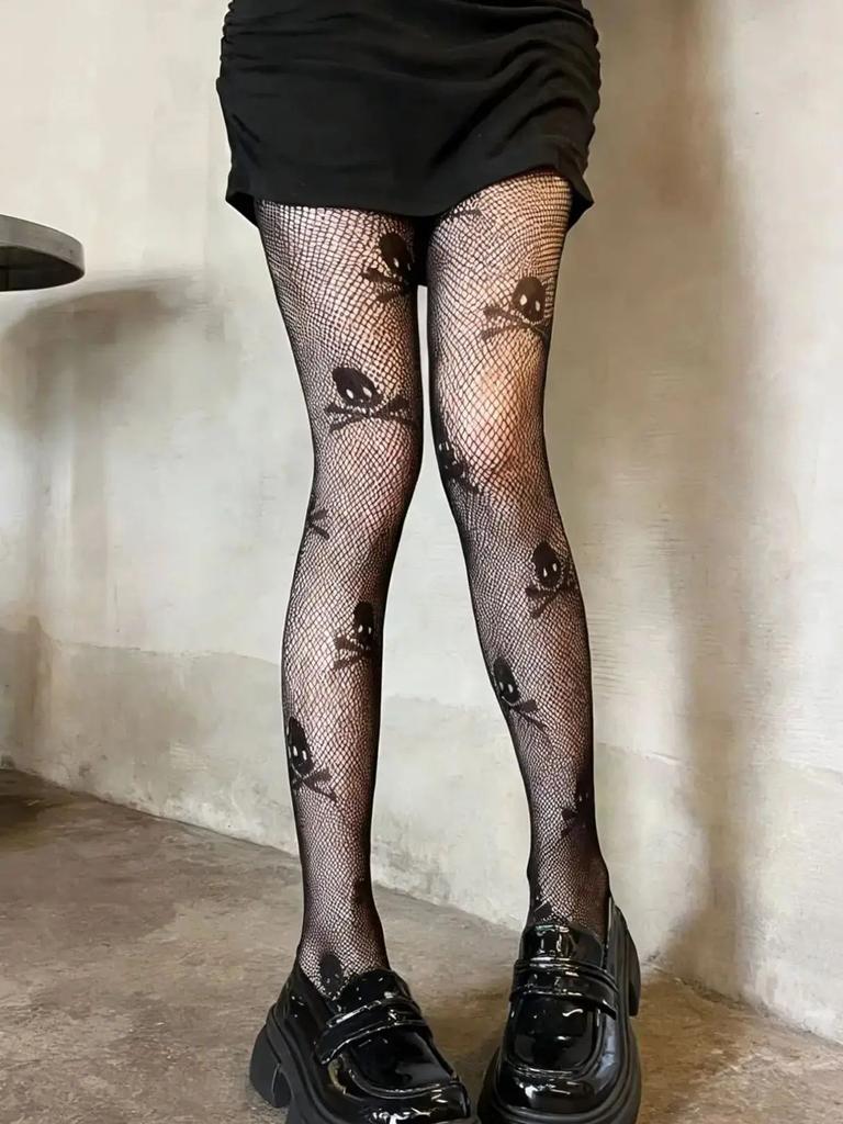 Women'S Black Fishnet Pantyhose With Skull & Crossbones Print, High-Stretch Skin-Hugging Hosiery For Gothic Punk Streetwear