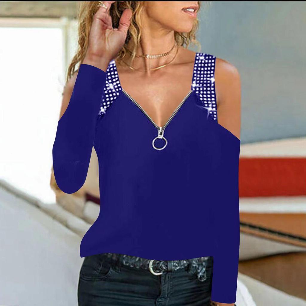 2026 Spring/Summer Women's V-neck Rhinestone Chain Top with Zipper Shoulder Straps
