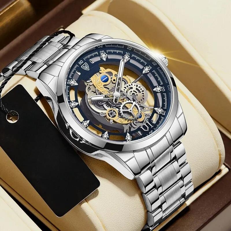 New Men Watch Skeleton Quartz Wristwatch Gold Skeleton Retro Man Watch Top Brand Luxury Clock Mens Watches Reloj Hombre