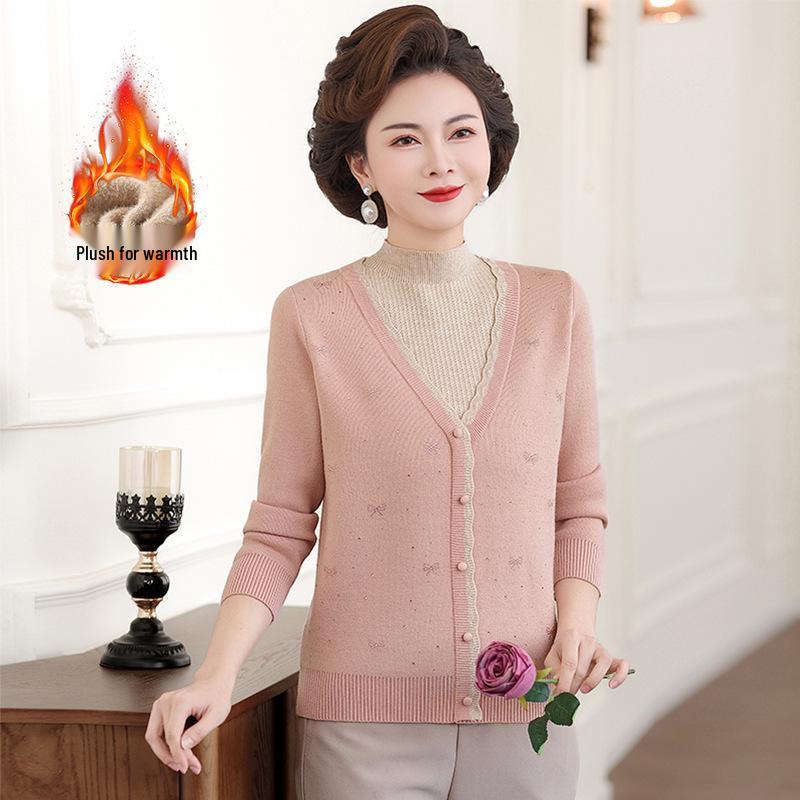 2025 Stylish Winter Top for Middle-Aged & Elderly Women - Fake Two-Piece, Velvet-Lined, Thickened Sweater