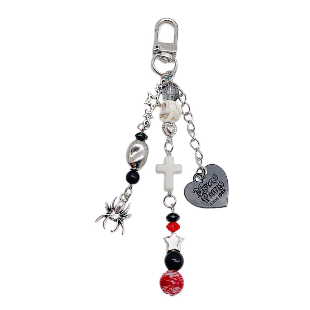 Unique and Stylish Beaded Keyring Dark Themed Skull Heart Cross Pendant Keychain Accessory for Fashion Enthusiasts
