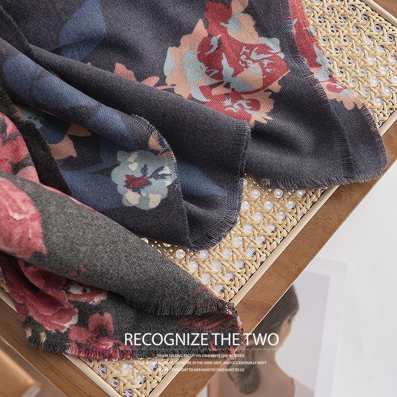 Printed Winter Scarf for Women Artistic Retro Imitation Cashmere Scarf Warm Neck Scarf  Ethnic Style Shawl