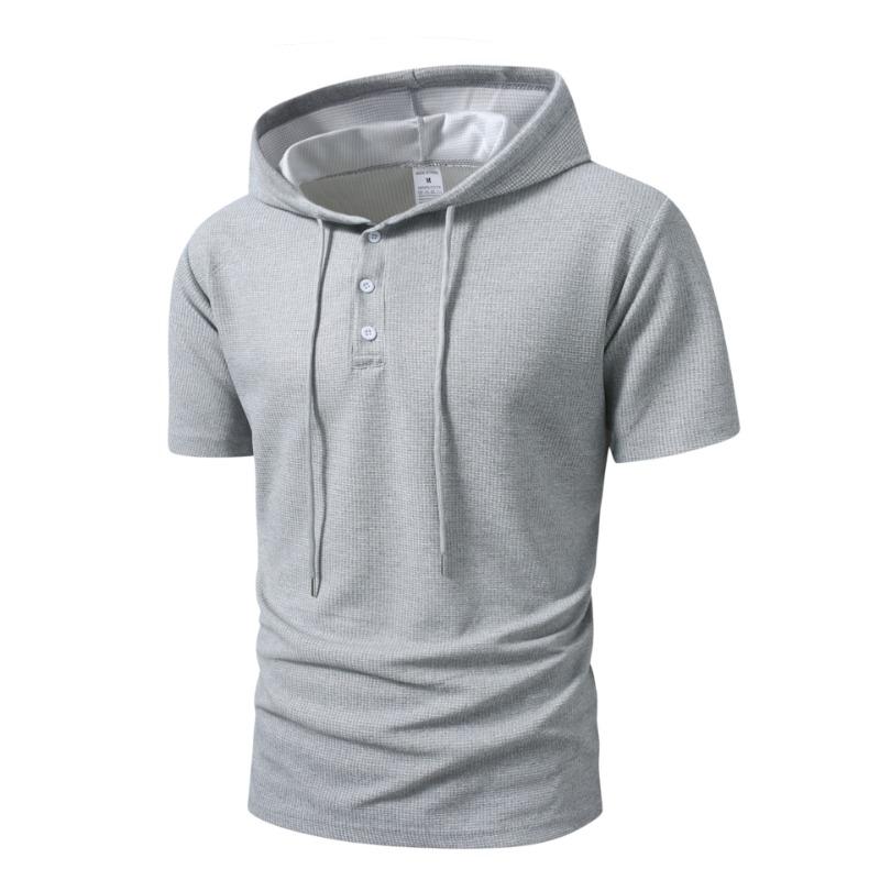 Mens Waffle Knit Hooded Henley Shirt Short Sleeve With Drawstrings Casual Everyday Wear S серый