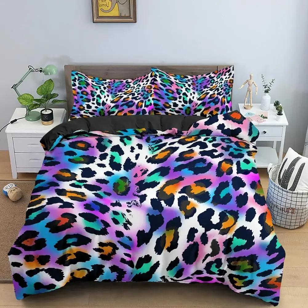 Leopardtryck påslakanset Rainbow Leopard 3D Print King Queen Size Täckefodral för barn Flickor Presenter Polyester påslakan