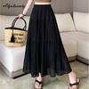 Fairycore Sommer Damen Midi Plisseerock Hohe Taille Schwarz Weiß Beige Lila Fee Rüschenrock Elegant Feminin Damen Basic Röcke