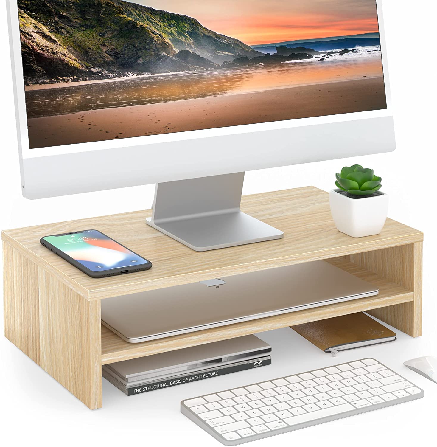 

FITUEYES Monitor Desktop Computer Wooden Desktop PC Computer Rack with Keyboard Oak Stand, Stand, 2-Tier Stand, 42.5cm Wide, Top, Stand, Storage,