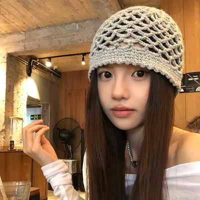 Korean Version Hollow Pattern Knitted Hat Women's Fashion Versatile Atmosphere Wool Hat Handmade Crochet Bag Head Cold Hat