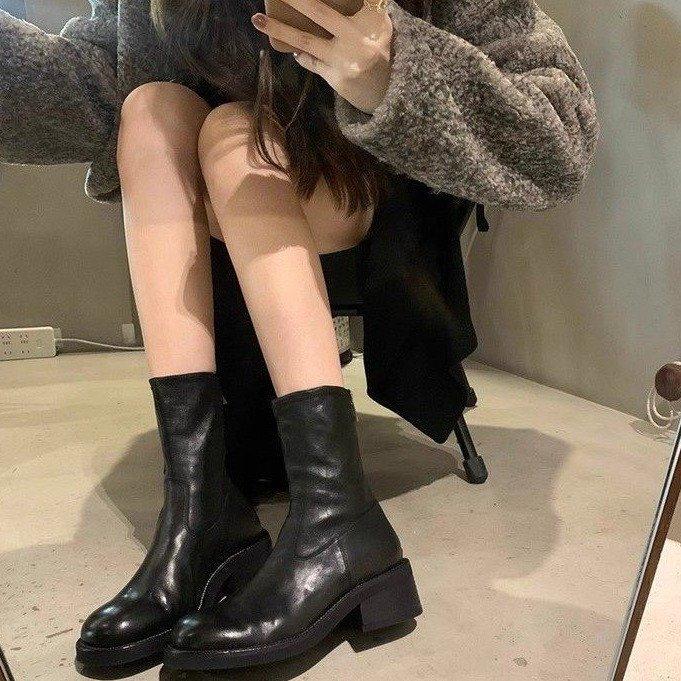 [Ushilai] French thick heel platform short boots women's spring 2025 new retro temperament versatile Martin boots