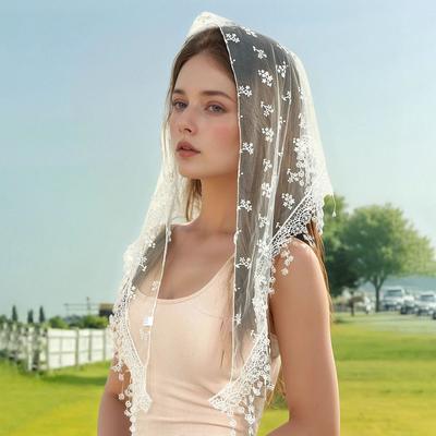 Lace Triangular Scarf Women Floral Embroidery Shawl With Tassels Bride Wedding Solid Veil Spanish Elegance Hijab Handkerchief