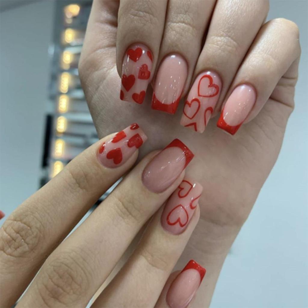 French Romantic Wearable Nail Art: Ombre Red Heart Detachable Tips