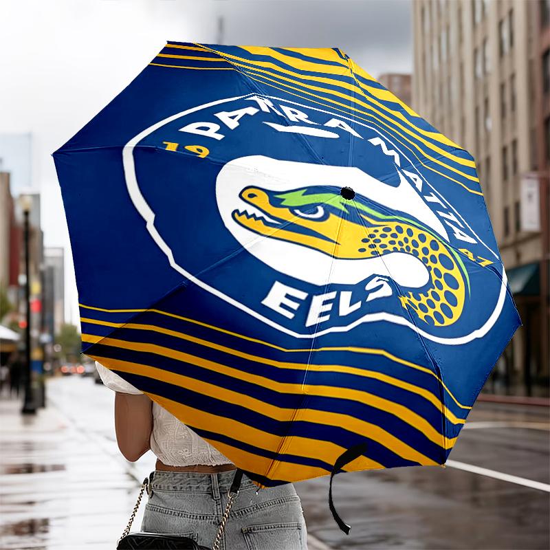 Parramatta Eels Team Crest Automatic Folding Umbrella - 8-Rib Travel Umbrella with Auto Portable Case, Ideal Gift for Birthdays