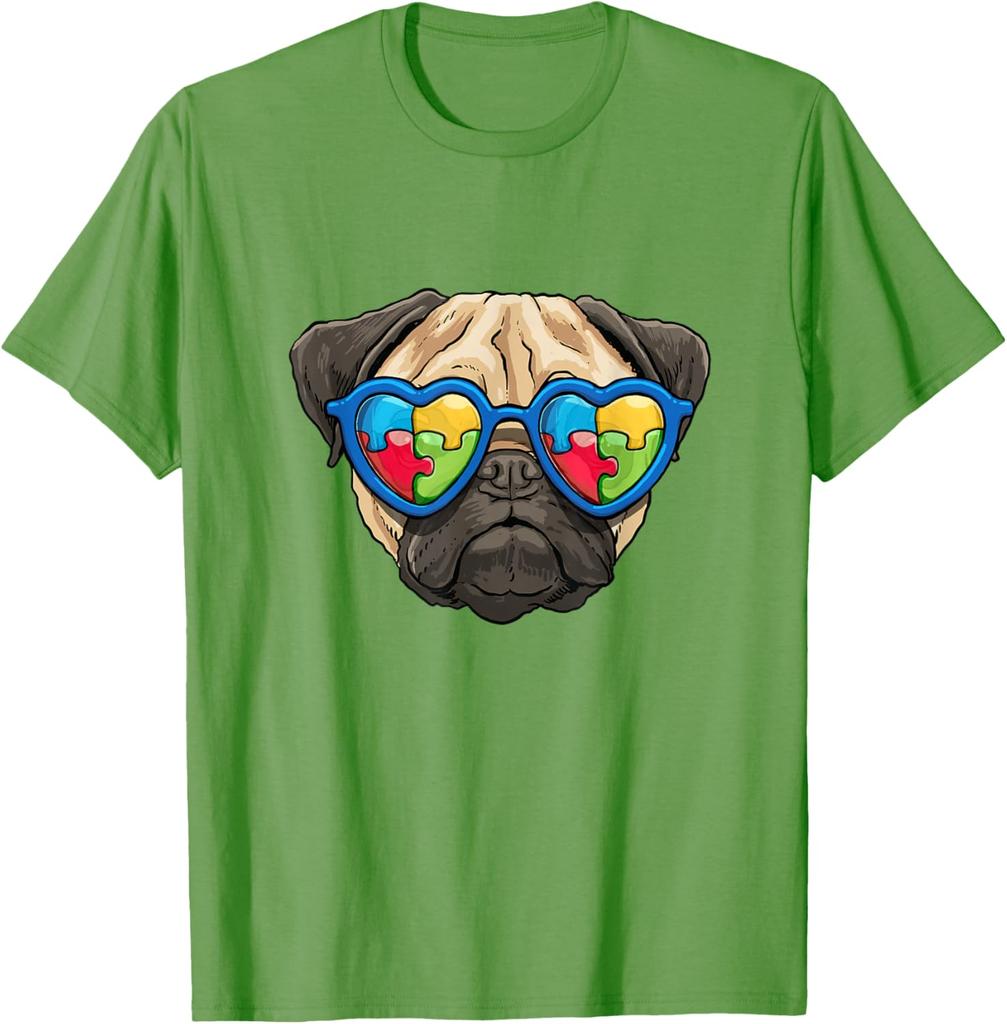 Autism Awareness Pug Dog Heart Puzzle Sunglasses Graphic Tee Casual Cotton T-Shirt for Boys
