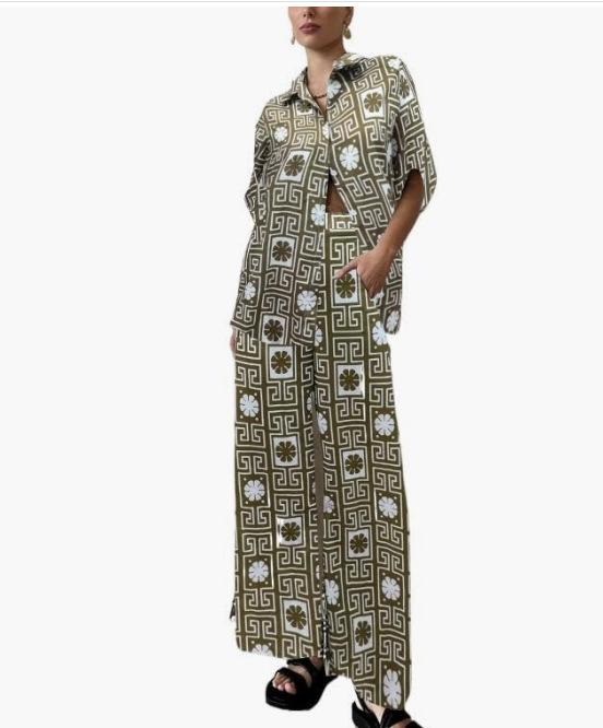 1116 Women's Christmas Fashion Set 1D Printed Autumn Casual Wide Leg Pants Cardigan Shirt