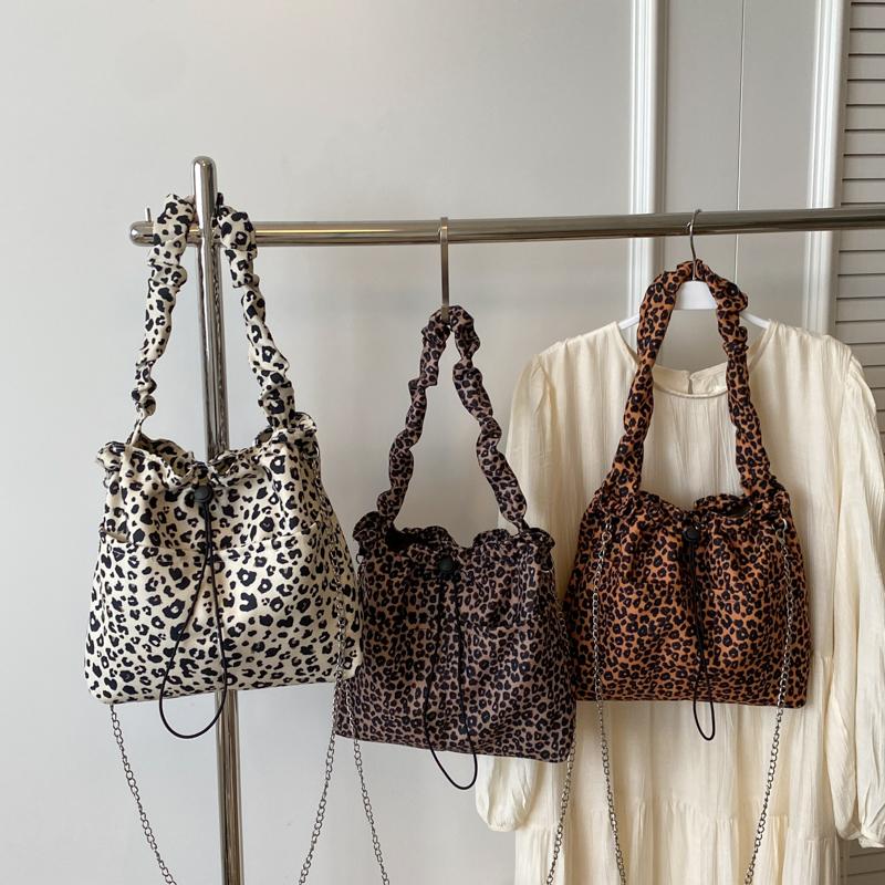 Leopard Print Tote Bag Drawstring Bucket Bag Shoulder Crossbody Bag Women's Underarm Bag