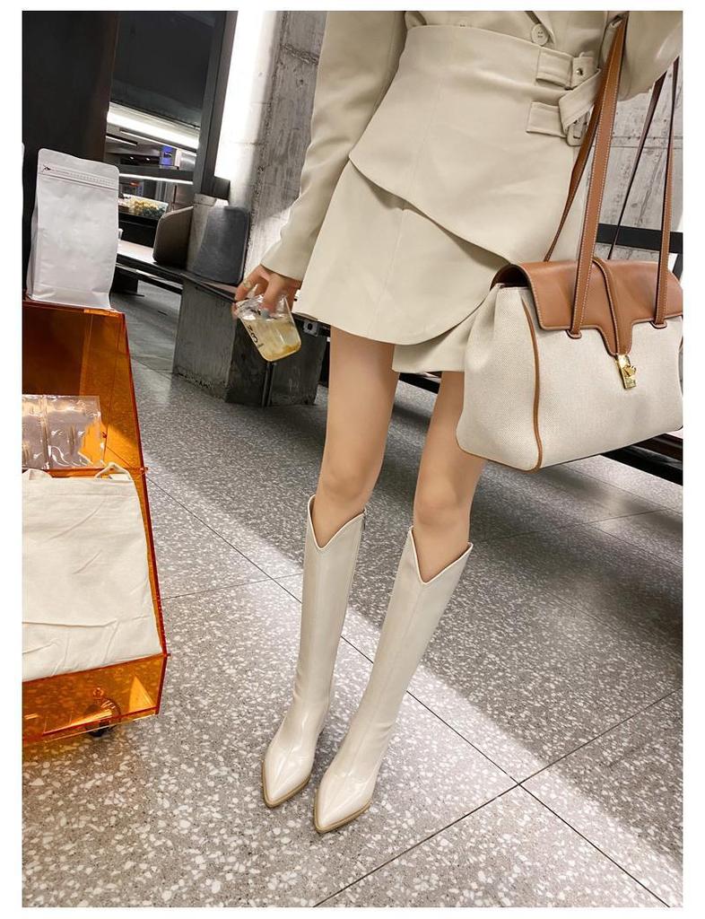 Women's White Non-Slip High-Top V-Cut Knight Boots - Pointed Toe, High Heel, Autumn/Winter 2025